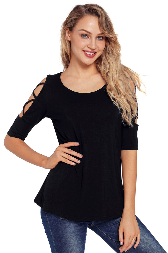 Black Caged Cutout Half Sleeve Top