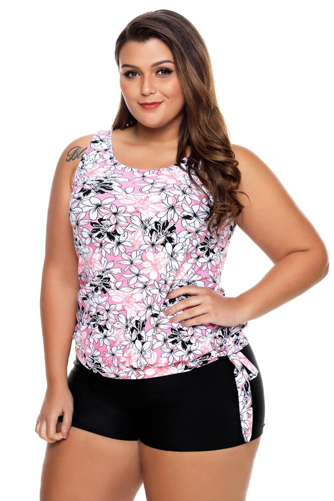 Pretty Flower Print Tie Side Tankini Short Swimsuit