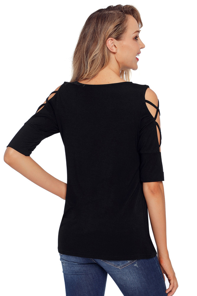 Black Caged Cutout Half Sleeve Top