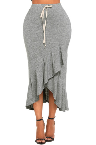 Grey Elastic Waist Drawstring Ruffle Skirt