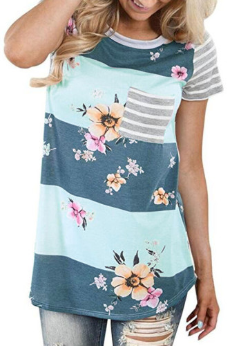 Grey White Colorblock Floral Striped Casual T-shirt