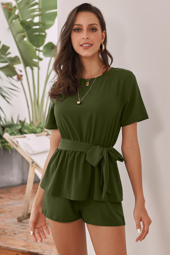 Olive Half Sleeves Peplum Waist Romper