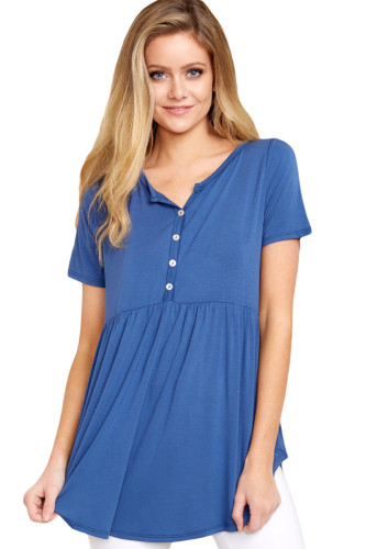 Blue Button Front Babydoll Flowy Tee Top with Pleats