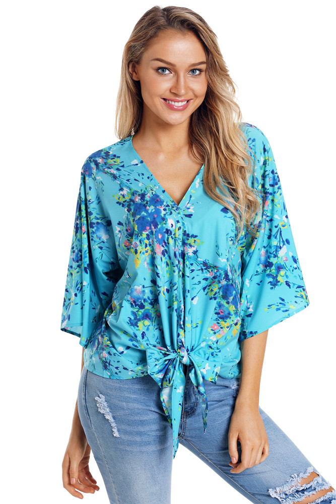Turquoise Flowerlet Print Tie Front Kimono Sleeve Blouse