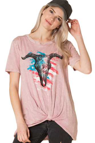 Pink American Bull Head Front Knot Graphic Top