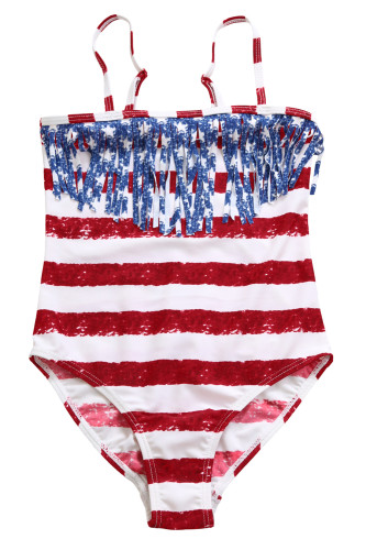 Flag Striped Star Tassel Little Girl Swimsuit