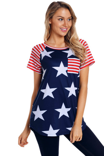 Striped Short Sleeves Red Navy American Flag T-shirt