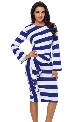 Blue Striped Ruffle Side Back Slit Long Sleeve Midi Dress