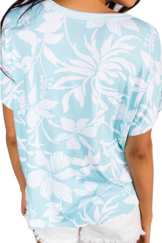 Blue White Floral Button Front Short Sleeve Top