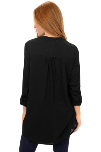 Black Asymmetric Hemline Roll Tab Sleeve Blouse