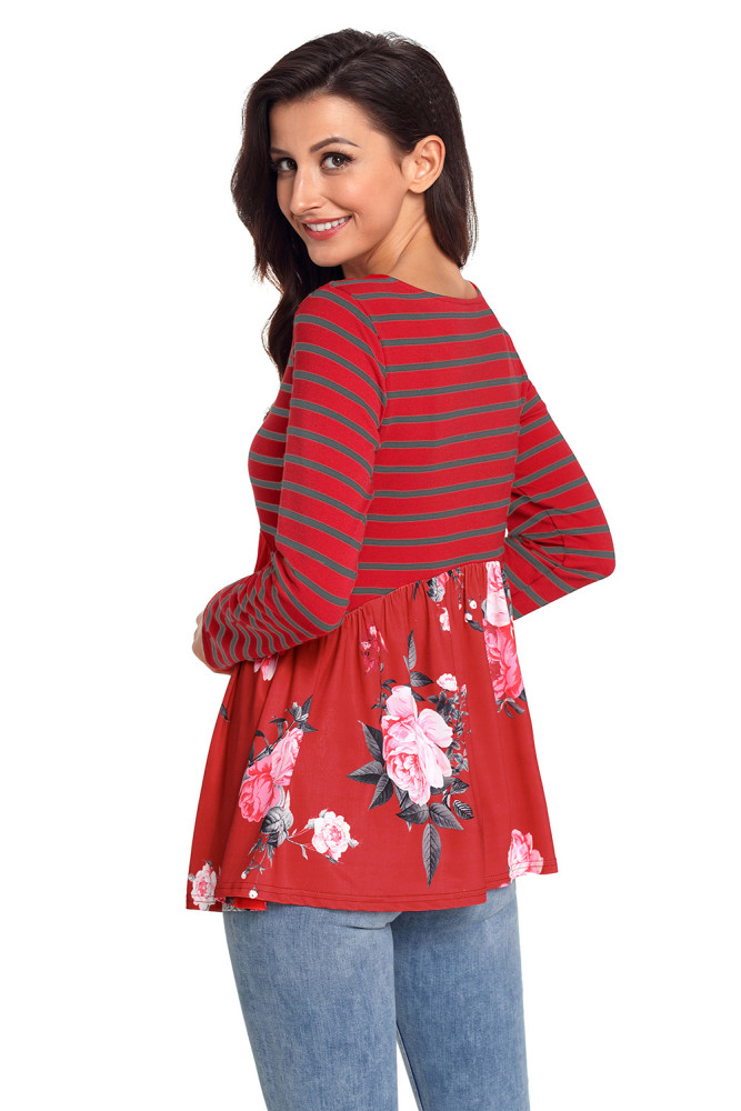Purplish Red Floral Striped Babydoll Tunic