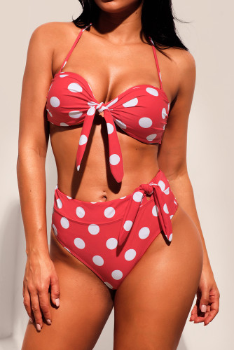 Red White Polka Dot Print Bow Tie Halter Bikini Set