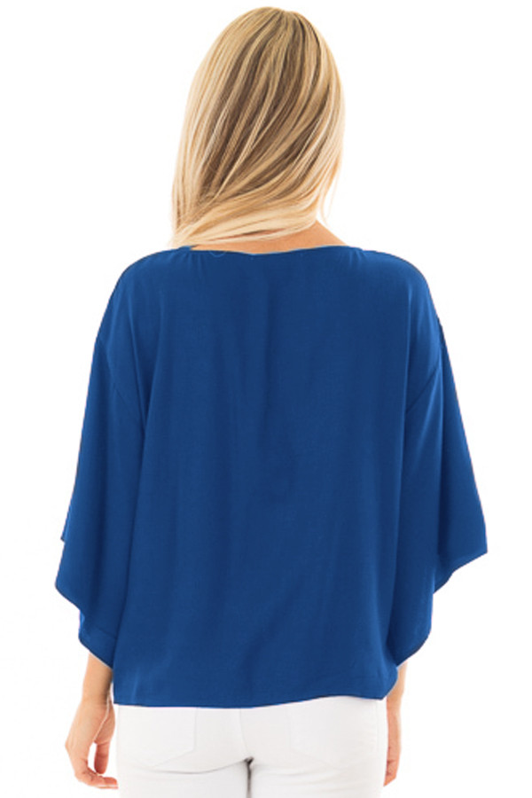 Navy Blue Tie Front Comfy Kimono Blouse