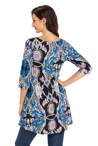Abstract Mottled Leaf Print Black Elegant Long Top