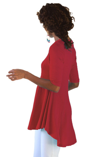 Red Half Sleeve V Neck A-Line Top