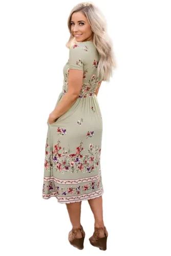 Sage Green Floral Print Faux Wrap Midi Dress