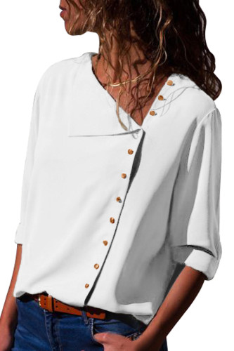 White Turndown Collar Asymmetric Button Down Blouse