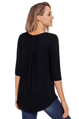 Black 3/4 Sleeve Button Detail Pleated Tunic