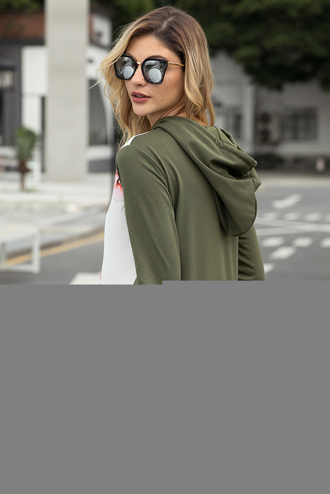 Army Green Kangroo Pocket Floral Hoodie