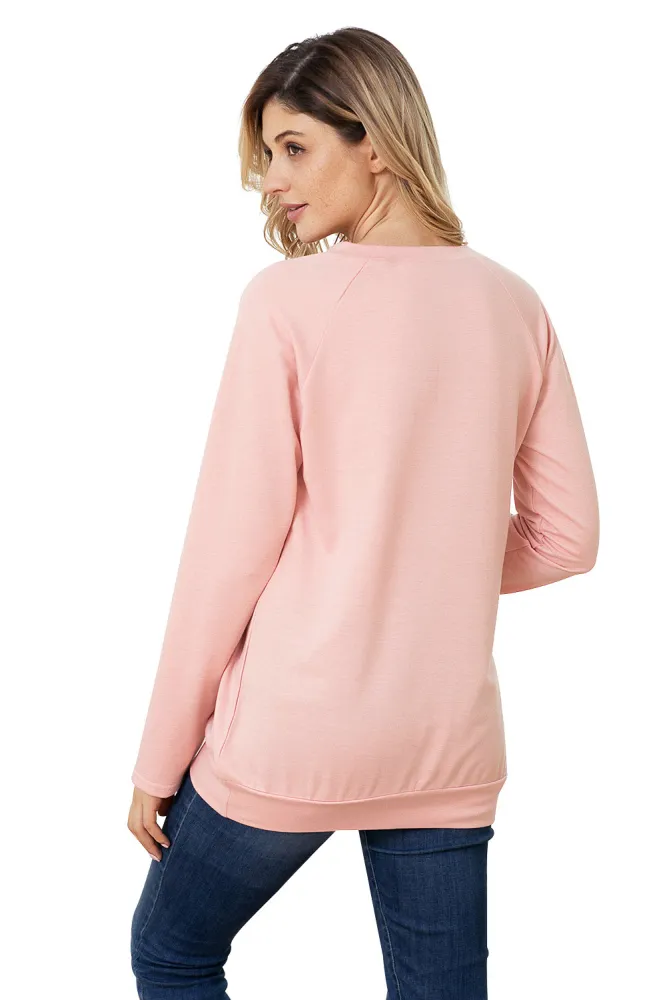Gold Zip Detail Pink Pullover Sweatshirt