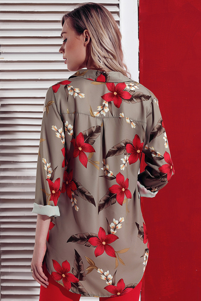 Green Long Sleeve Floral Print Button Front Shirt