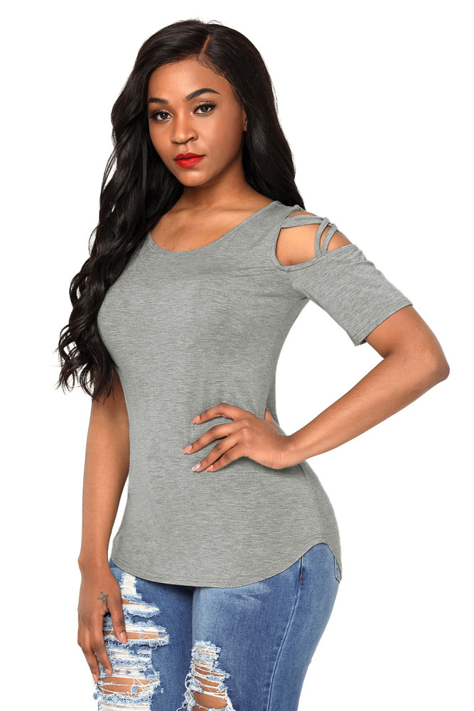 Grey Crisscross Cold Shoulder Short Sleeve Shirt