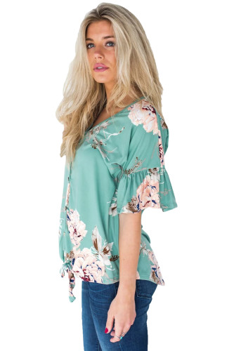 Turquoise Peony Blossom Tie Front Blouse