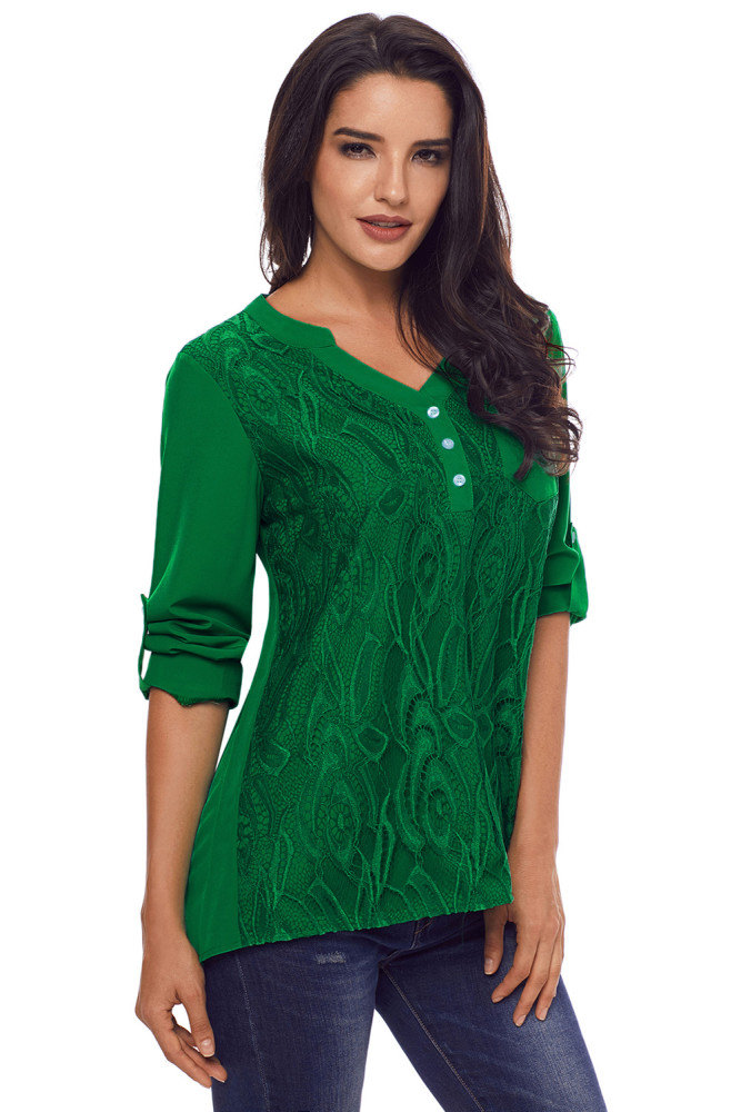 Green Lace Panel Split Neck Roll Tab Sleeve Blouse