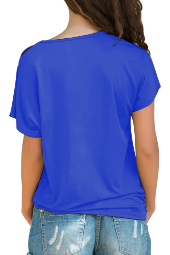 Glittery Cross Shoulder Detail Blue Short Sleeve Tee