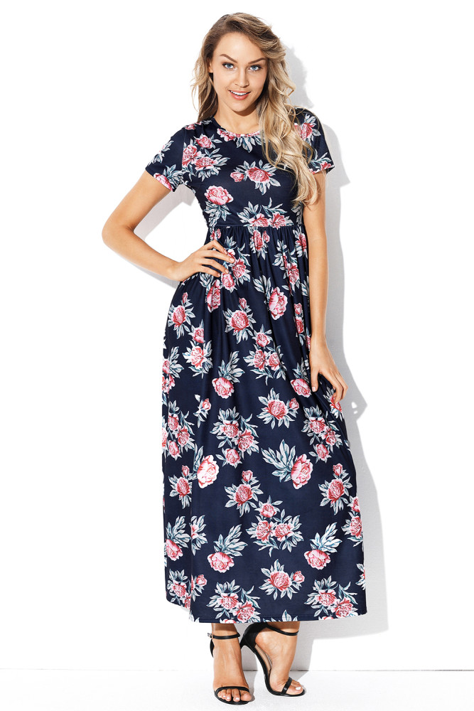 Pocket Design Short Sleeve Dark Blue Floral Maxi Dress