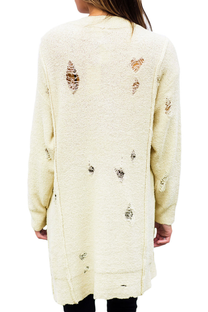 Beige Distressed Button Cardigan