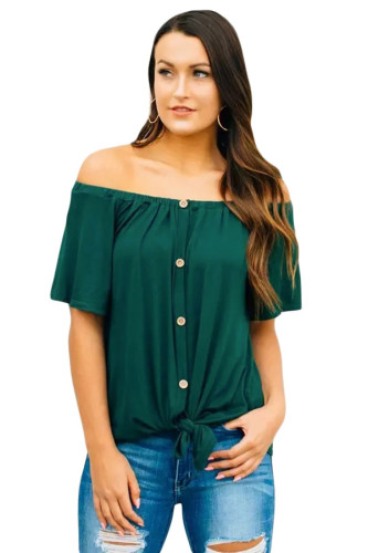 Green Off the Shoulder Button Top