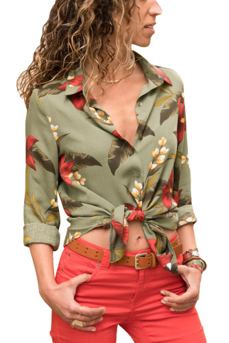 Green Long Sleeve Floral Print Button Front Shirt