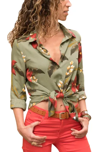 Green Long Sleeve Floral Print Button Front Shirt