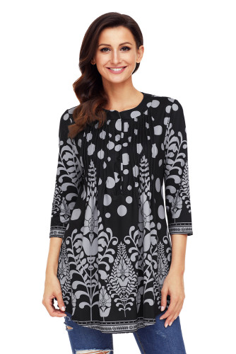 Black Grey Floral Print Flowy Blouse