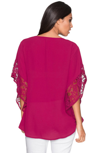 Rosy Lace Splice Batwing Sleeve Chiffon Blouse