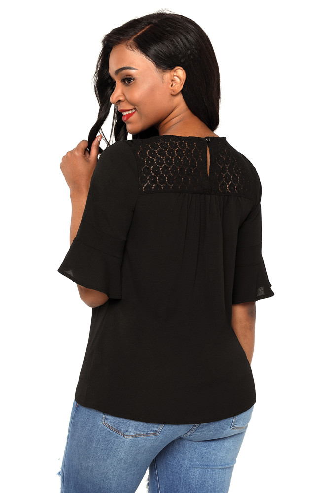 Black Crisscross Neck Lace Insert Bell Sleeve Top