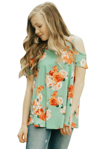 Green Floral Print Cold Shoulder Top for Girls