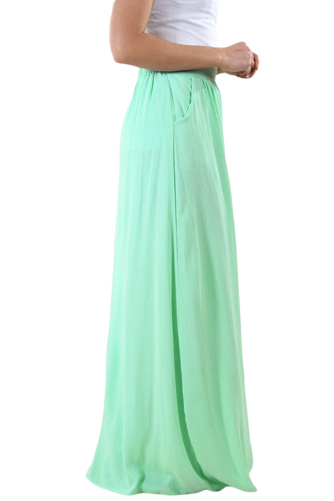 Mint Elastic Waist Pleated Gauze Maxi Skirt with Lining