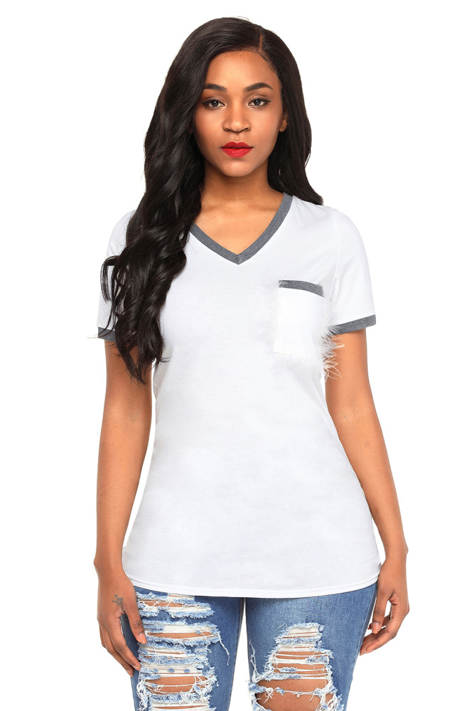 Gray Trimmed White V Neck Pocket Top