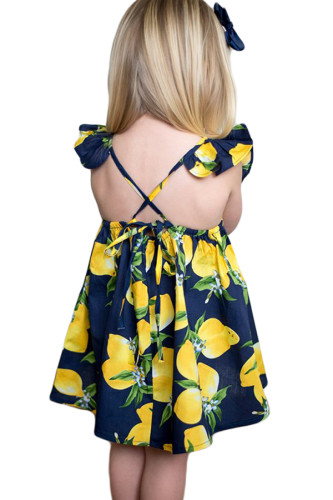 Navy Blue Lemon Print Girls’ Sundress