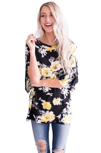 Mid Length Bell Sleeve Black Yellow Floral Blouse