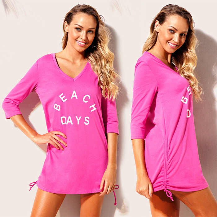 Rosy Ruched Tie Side V Neck Beach Cover Up