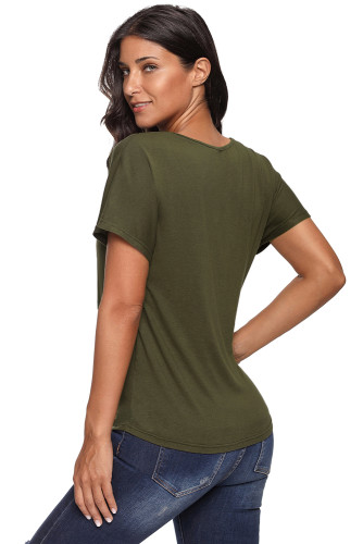 Olive V-Neck Twist Ruched Basic Short Sleeve Tee