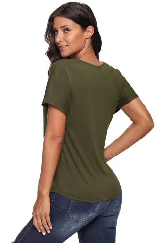 Olive V-Neck Twist Ruched Basic Short Sleeve Tee