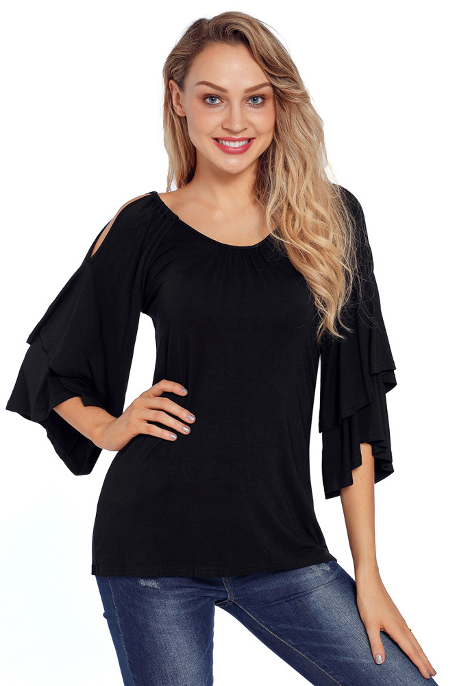 Black Layered Sleeves Ruffled Off Shoulder Blouse