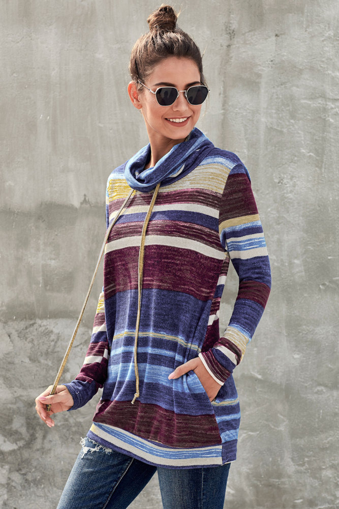 Blue Multicolor Cowl Neck Striped Long Sleeve Sweatshirt