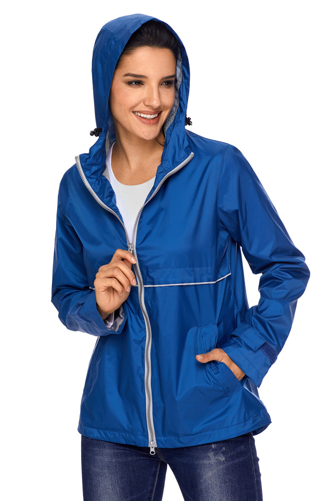 Blue Women Zipper Lapel Suit Blazer with Foldable Sleeve