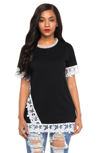 Delicate Lace Trim Black Short Sleeve Top