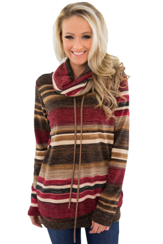 Red Multicolor Cowl Neck Striped Long Sleeve Sweatshirt